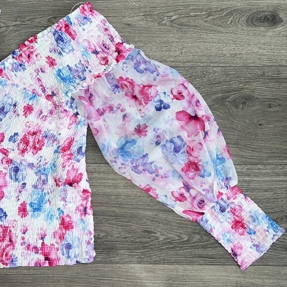 BB Dakota Off the Shoulder Top Large Smocked Blouson Sleeve Floral Boho Spring - Picture 7 of 11